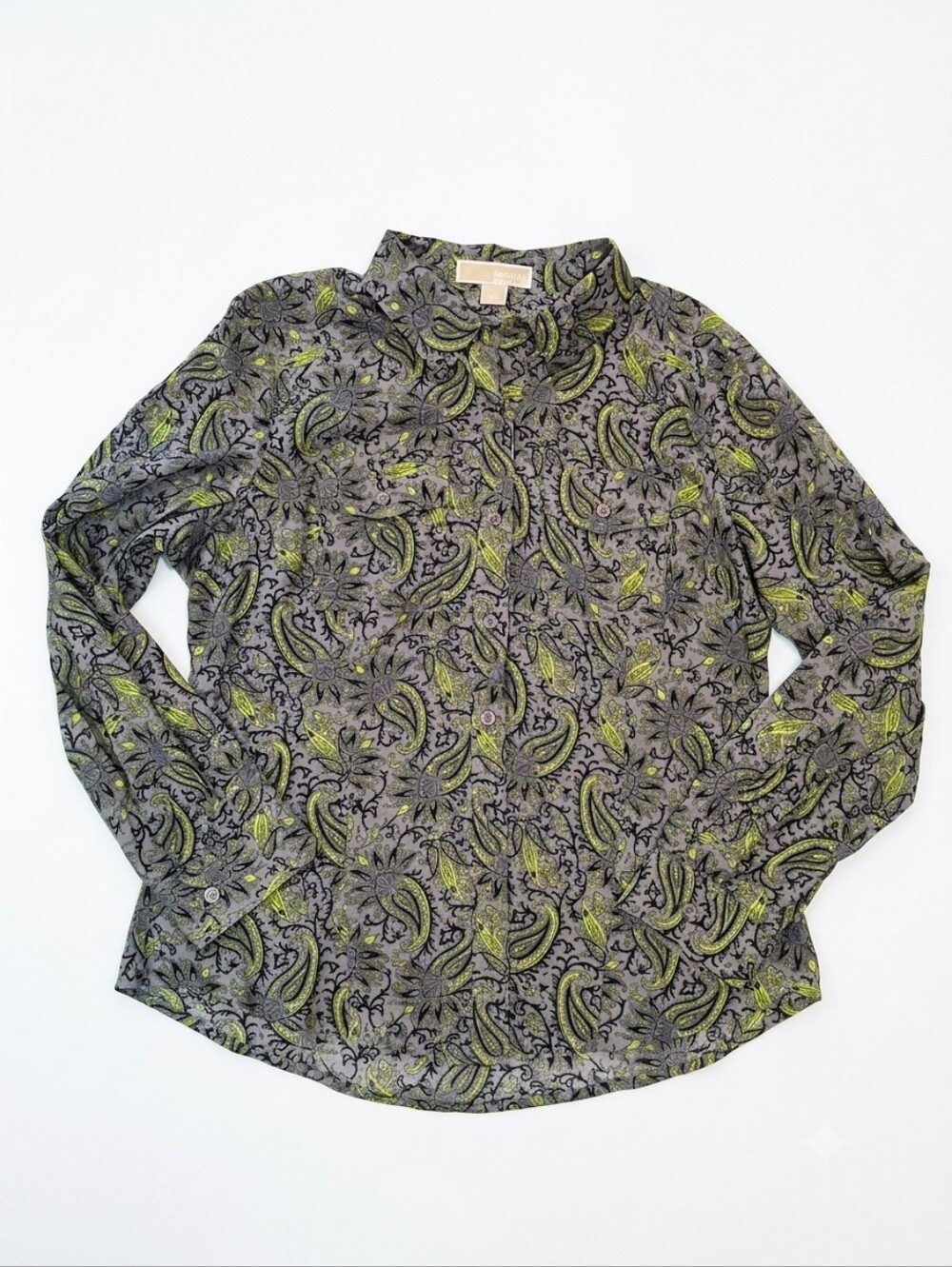 Michael Kors Gray Green Paisley 100% Cotton Button‑Up Button-Down  Shirt Size L